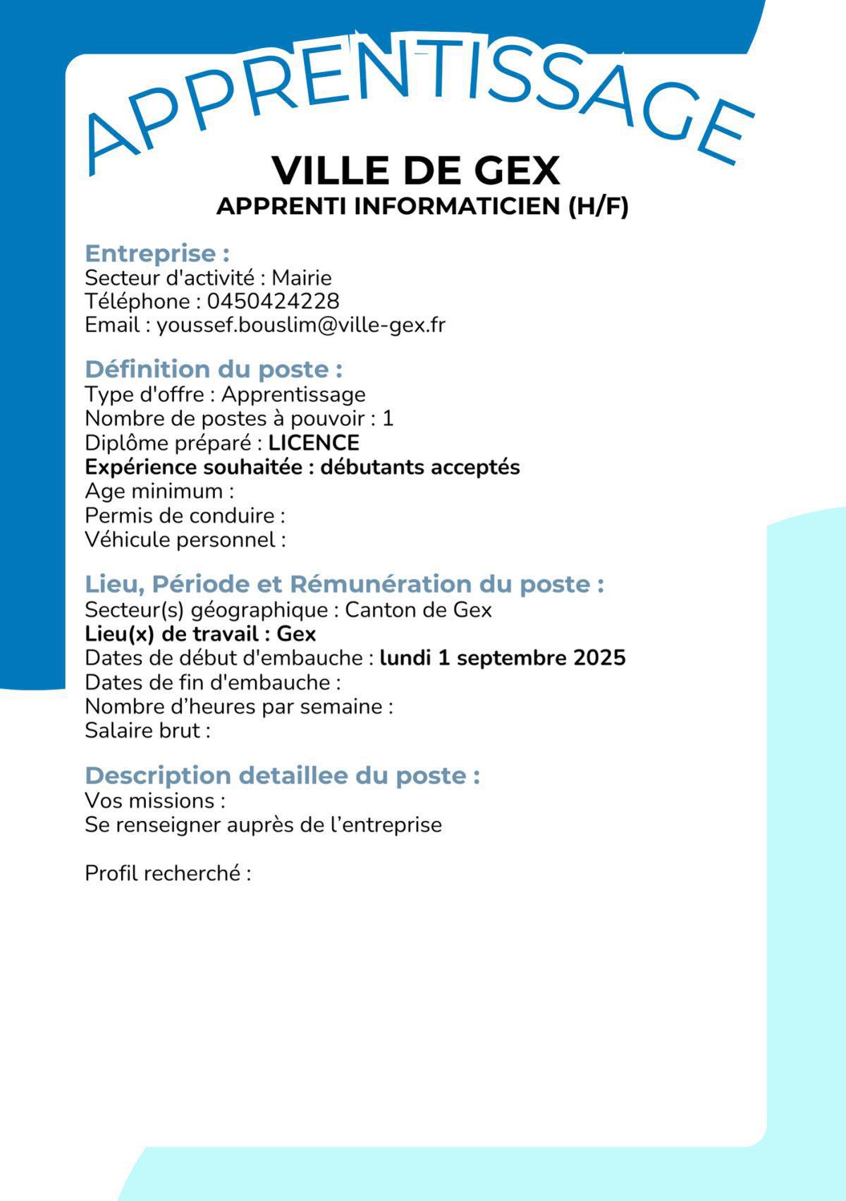 Apprenti informaticien (H/F) Ville de Gex