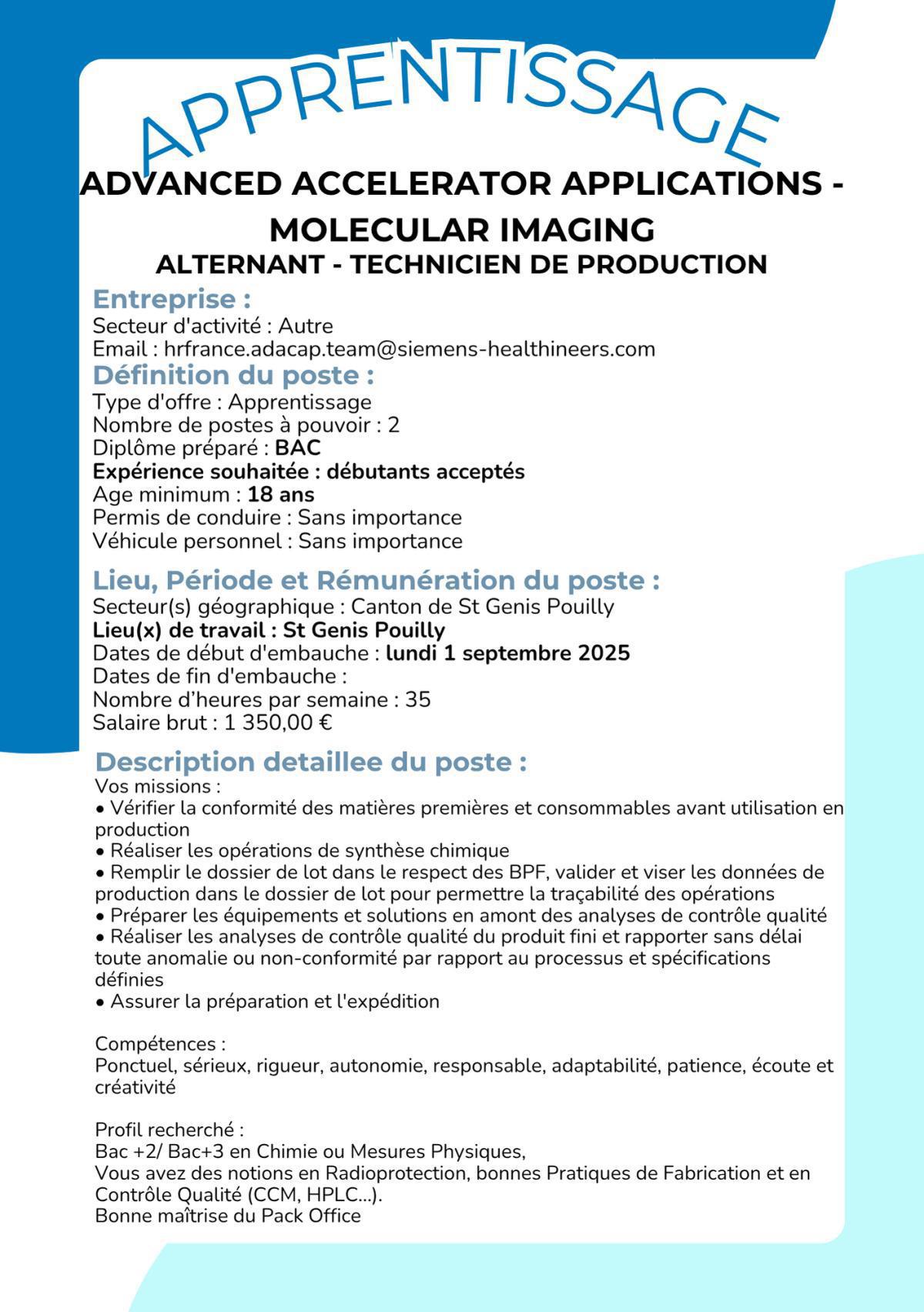 Alternant - Technicien de production ADVANCED ACCELERATOR APPLICATIONS - MOLECULAR IMAGING