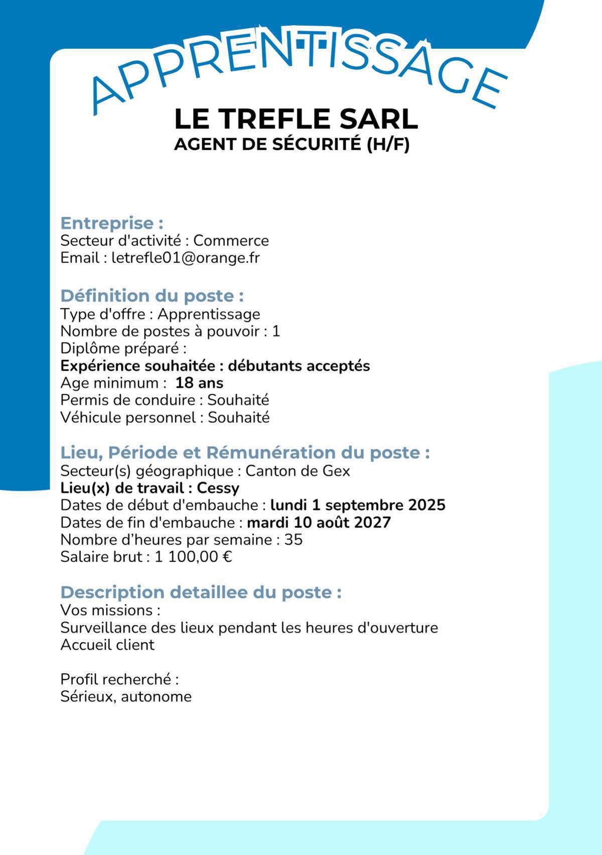 Agent de sécurité (H/F) LE TREFLE SARL