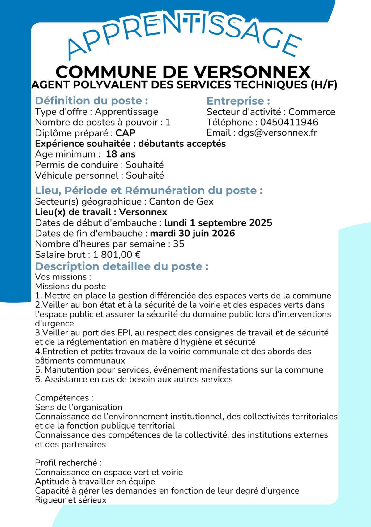 Agent polyvalent des services techniques (H/F) Commune de Versonnex 