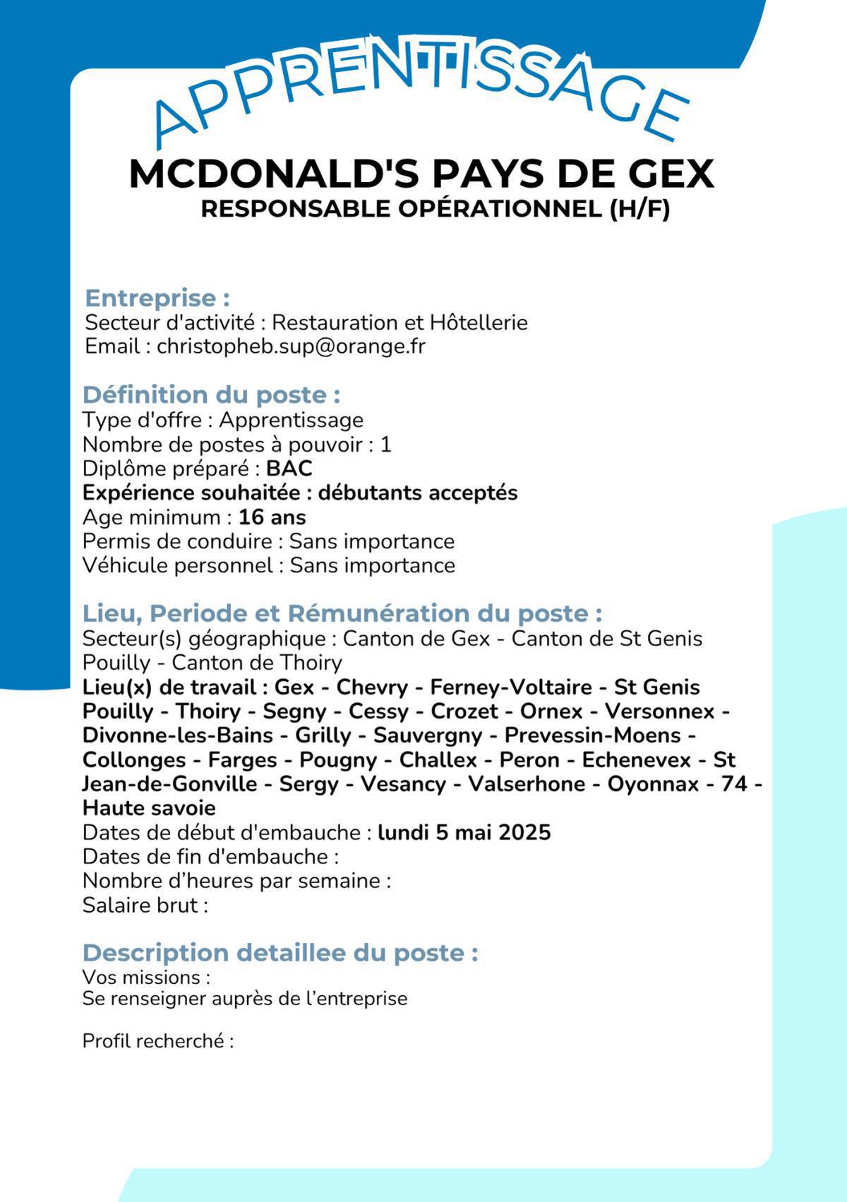 Responsable opérationnel (H/F) McDonald's Pays De gex