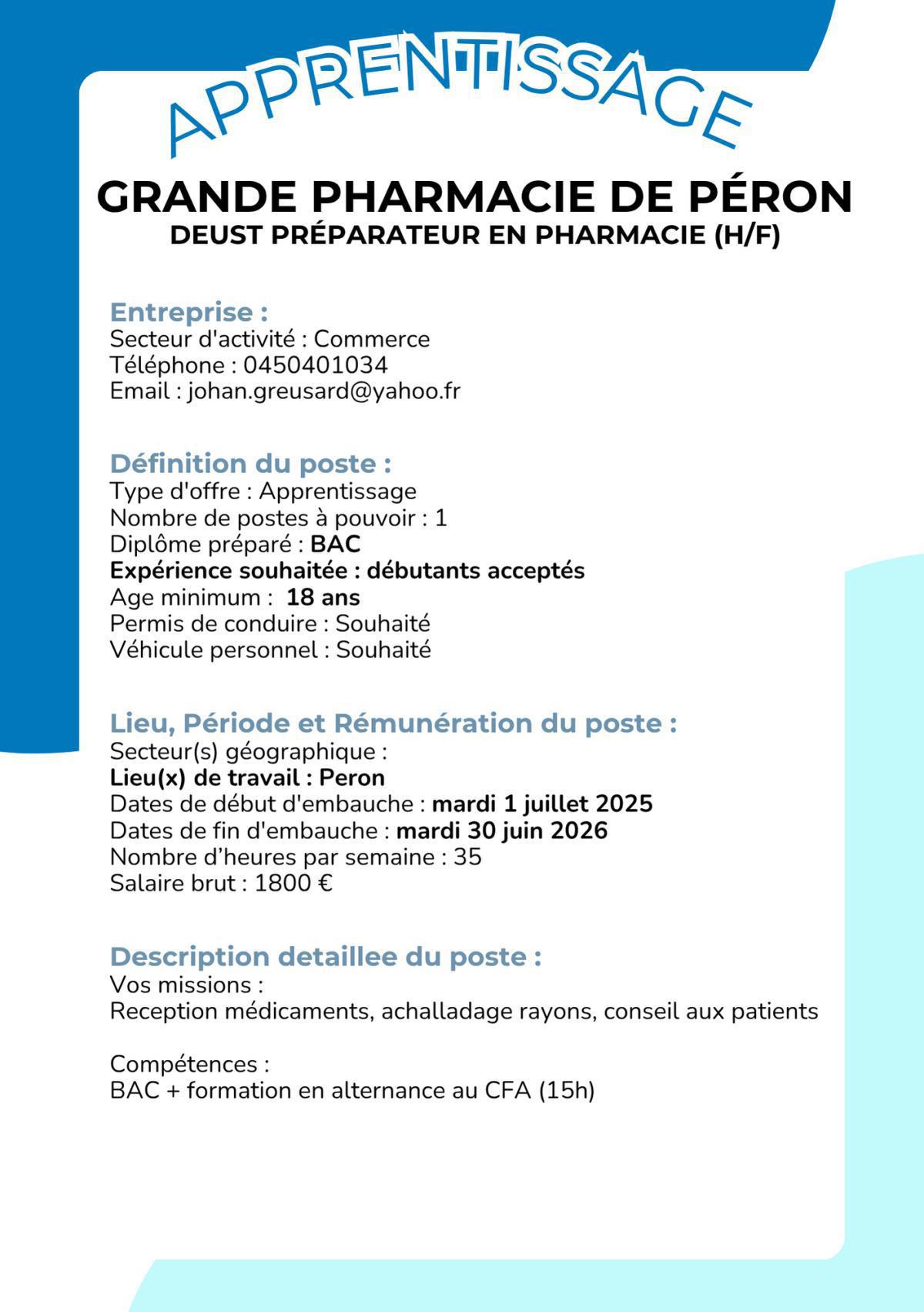 DEUST Préparateur en pharmacie (H/F) Grande Pharmacie de Péron