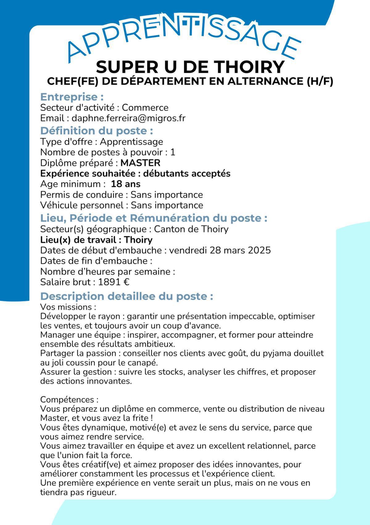 Chef(fe) de département en alternance (H/F) Super U de Thoiry