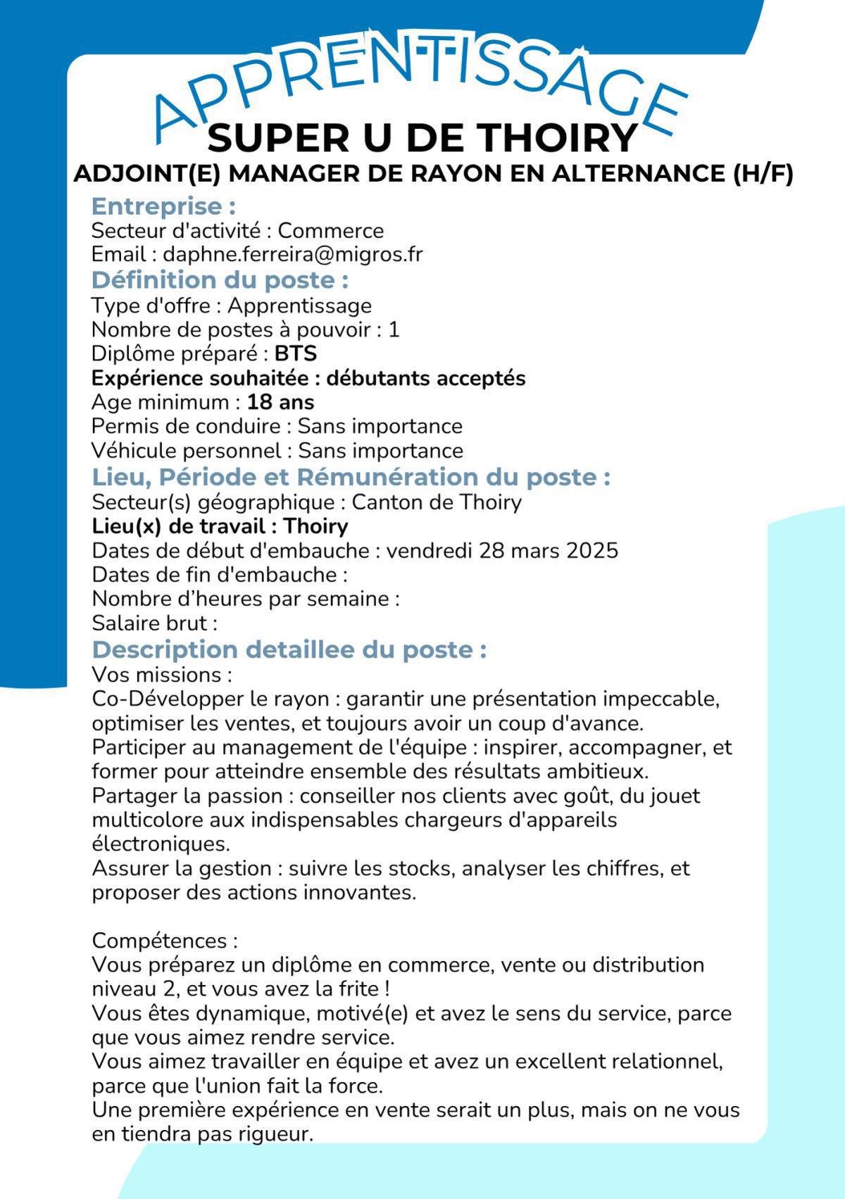 Adjoint(e) manager de rayon en alternance (H/F) Super U de Thoiry