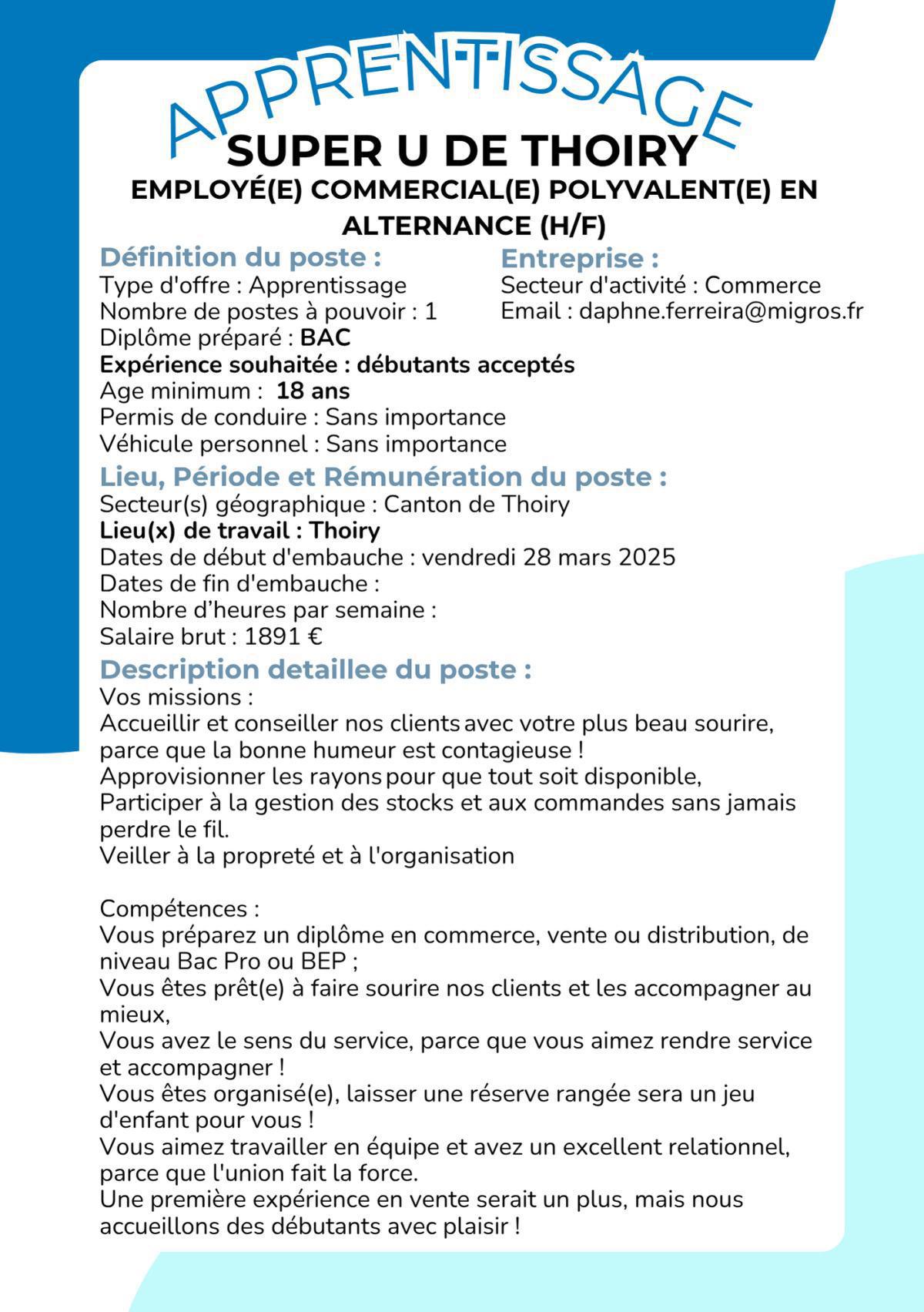 Employé(e) commercial(e) polyvalent(e) en alternance (H/F) Super U de Thoiry