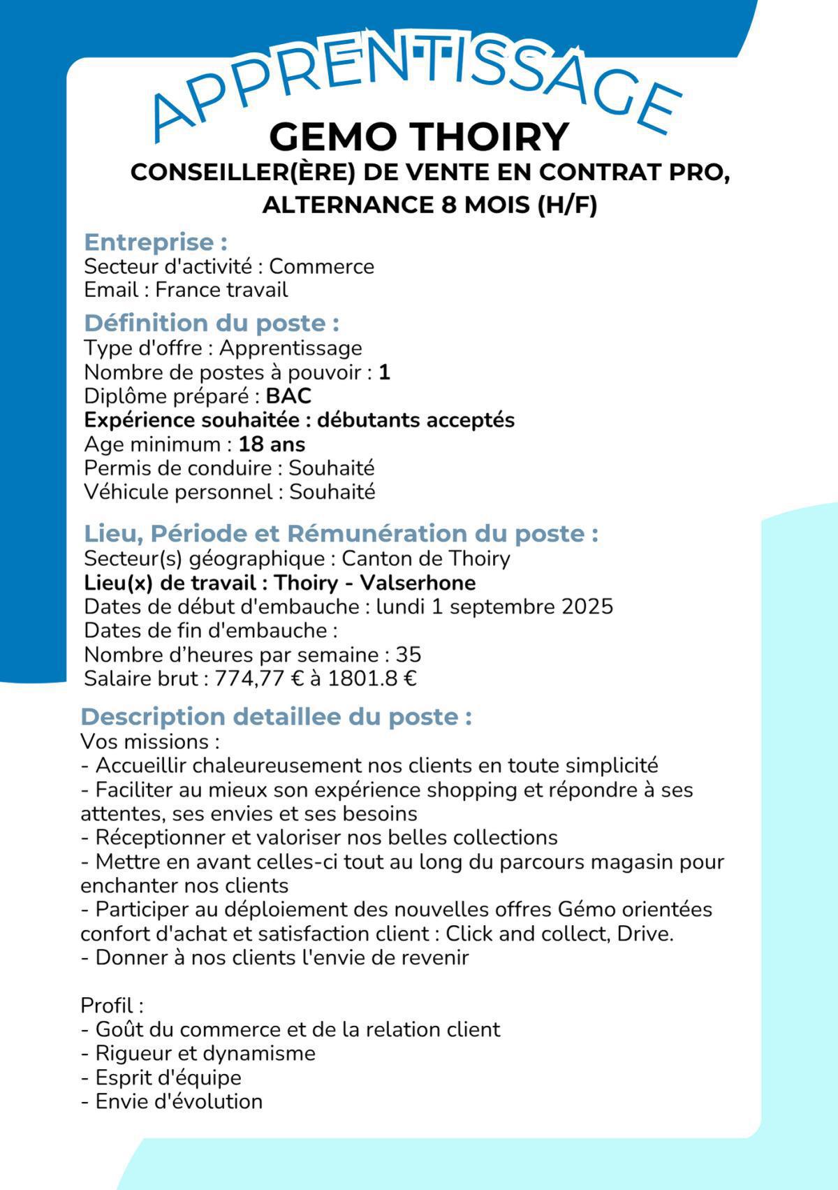 Conseiller(ère) de vente en contrat pro, alternance 8 mois (H/F) Gemo Thoiry