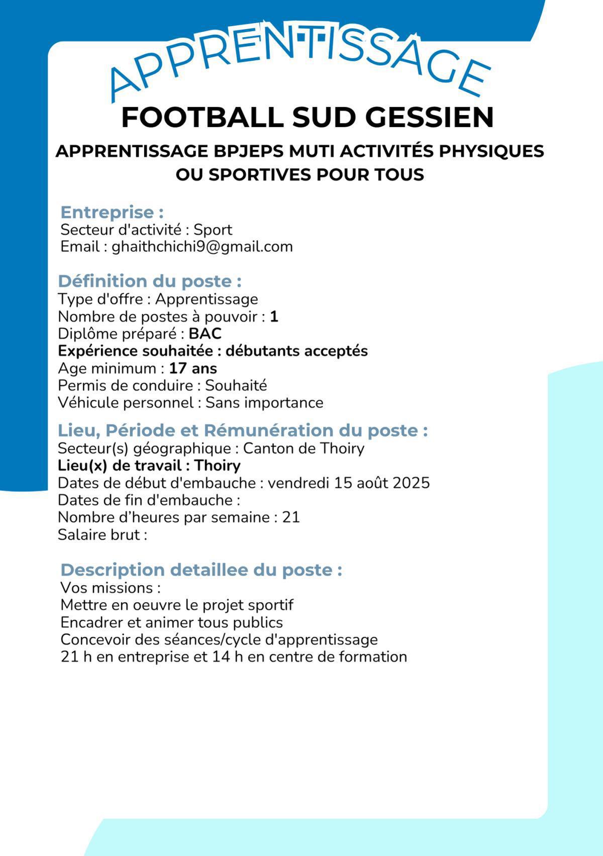 Apprentissage BPJEPS Muti activités physiques ou sportives pour tous - Football Sud Gessien