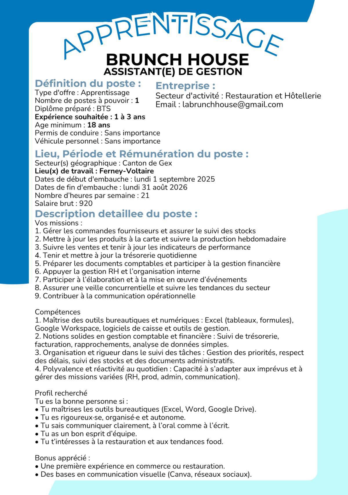 Assistant(e) de gestion - BRUNCH HOUSE