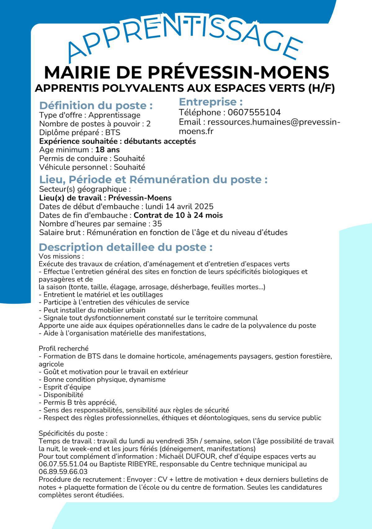 APPRENTIS POLYVALENTS AUX ESPACES VERTS (H/F) Mairie de Prévessin-Moens