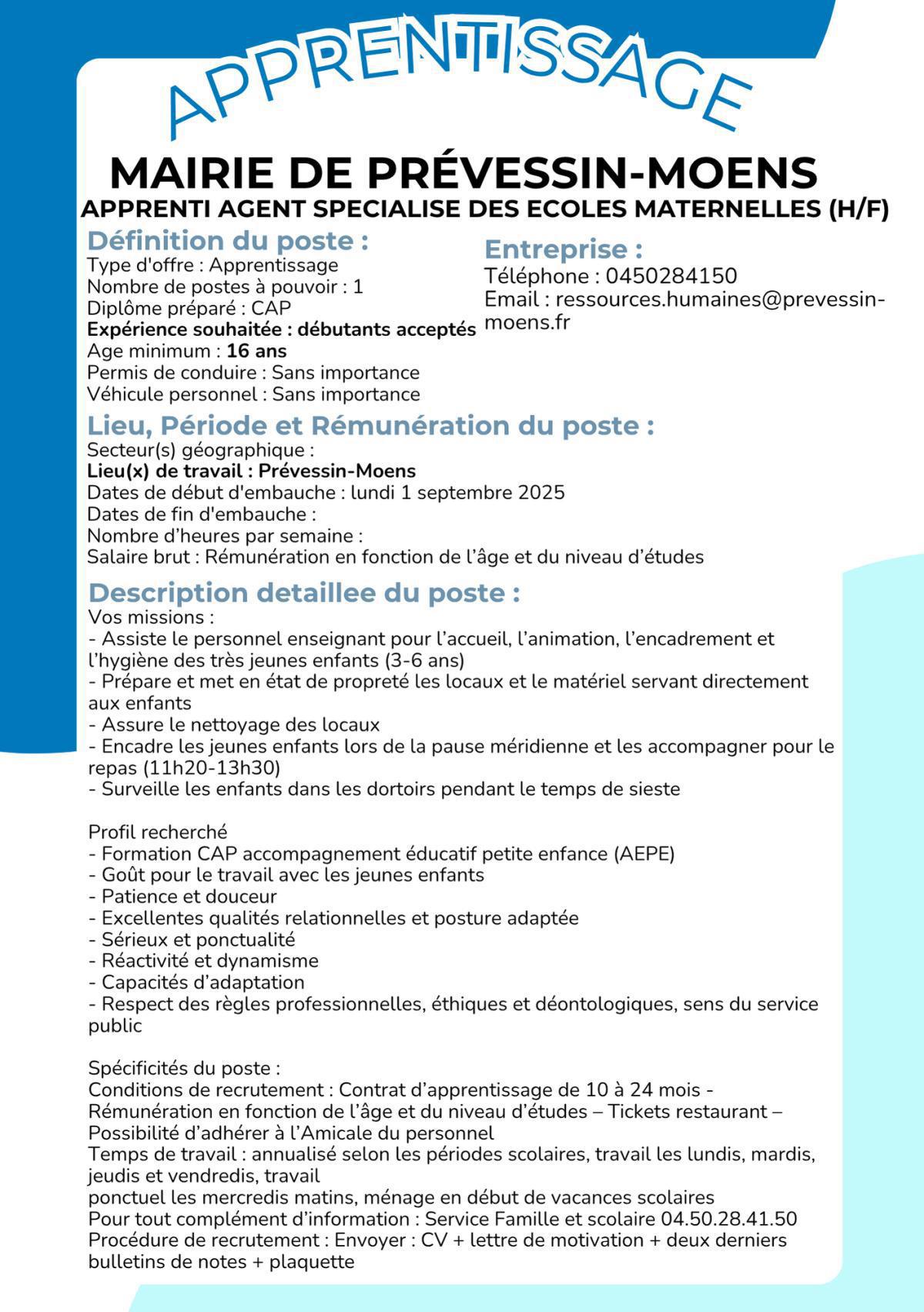 APPRENTI AGENT SPECIALISE DES ECOLES MATERNELLES (H/F) Mairie de Prévessin-Moens