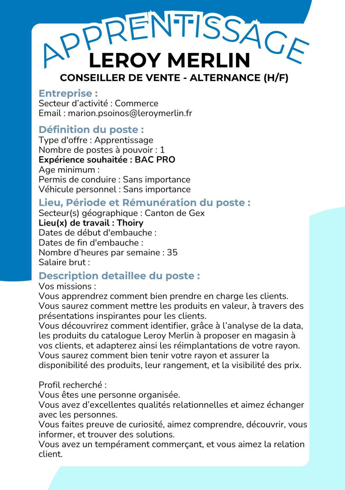Conseiller de vente - Alternance (H/F) Leroy Merlin 