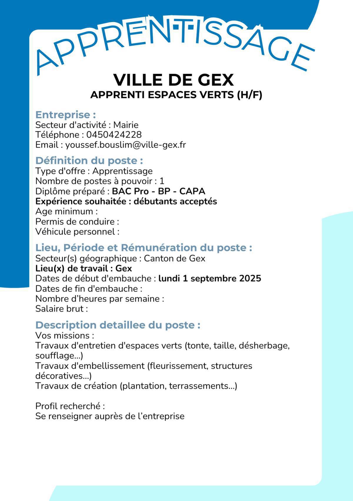 Apprenti Espaces Verts (H/F) Ville de Gex
