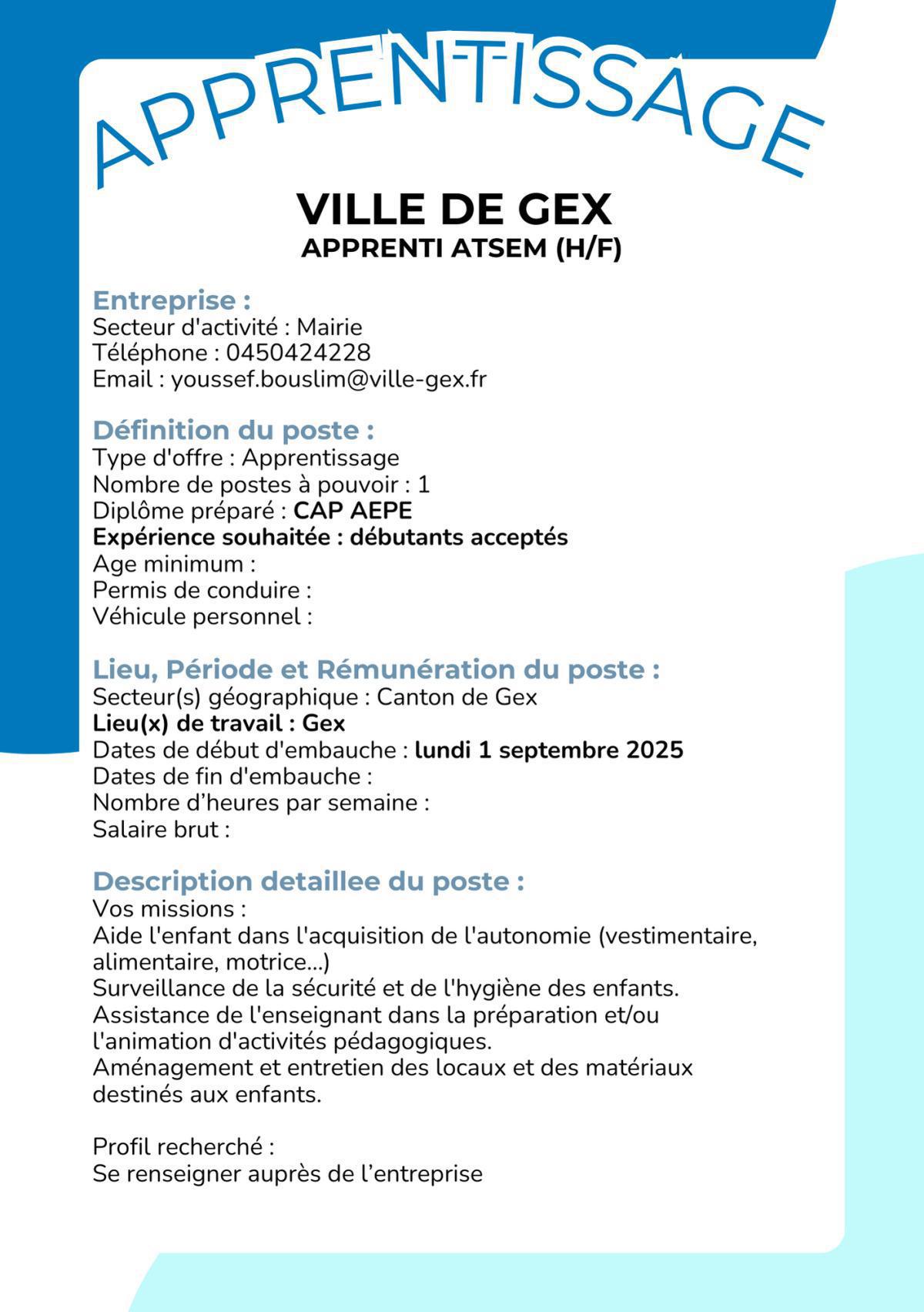Apprenti ATSEM (H/F) Ville de Gex