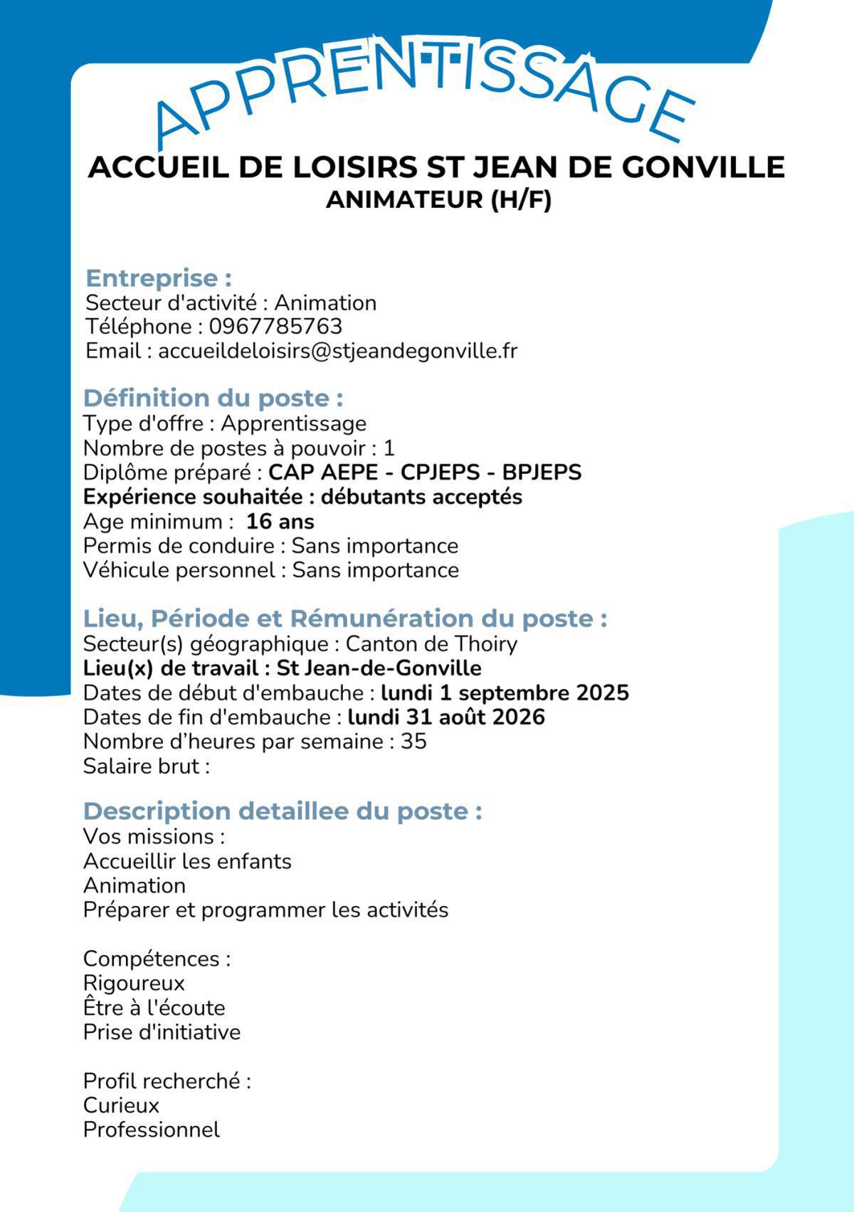 Animateur (H/F) Accueil de loisirs St Jean de Gonville