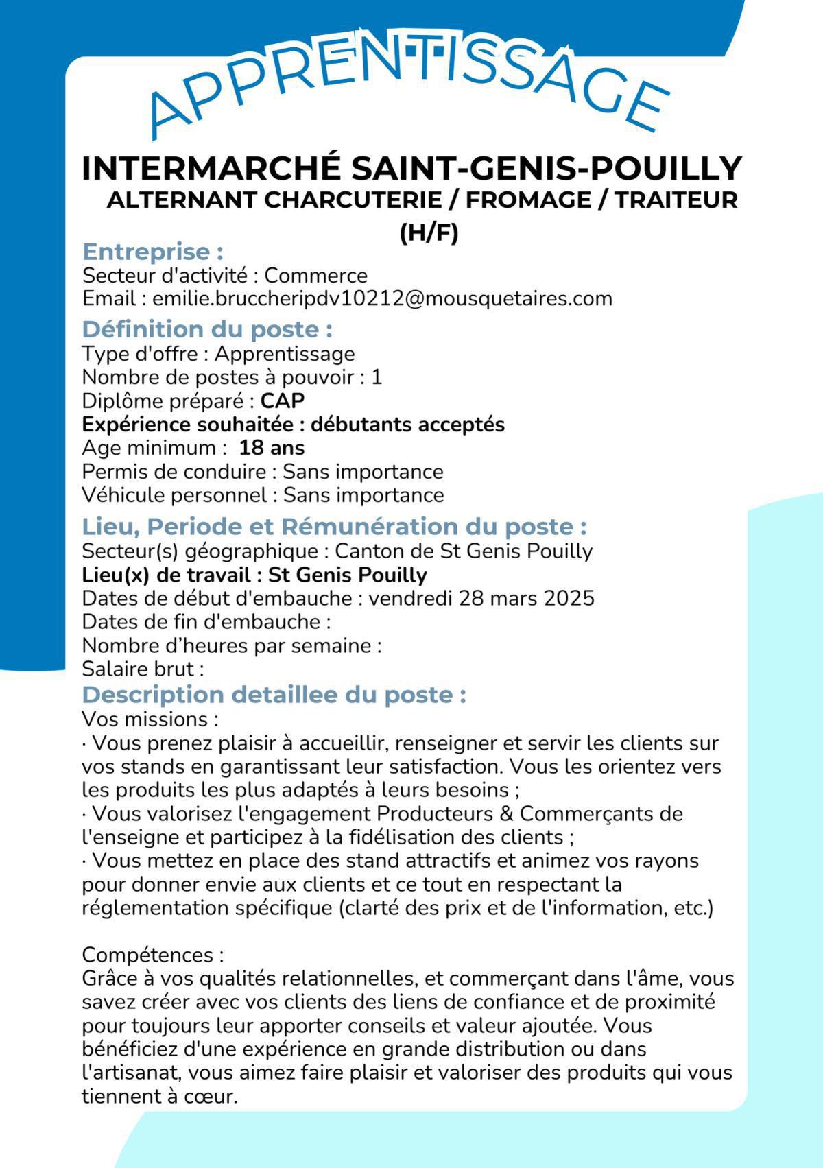 ALTERNANT CHARCUTERIE / FROMAGE / TRAITEUR (H/F) INTERMARCHÉ SAINT-GENIS-POUILLY