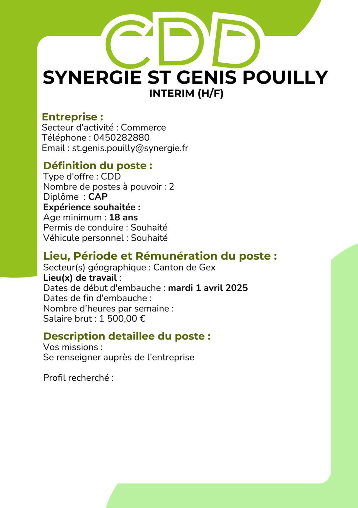 Interim (H/F) Synergie St Genis Pouilly 