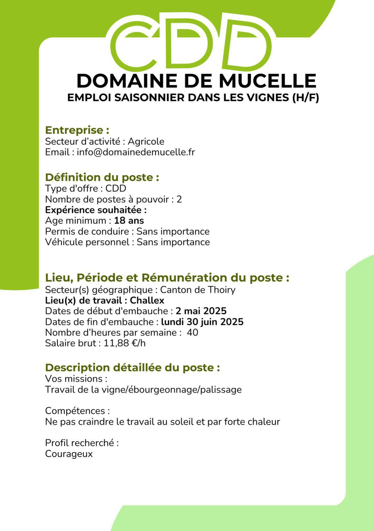 Emploi saisonnier dans les vignes (H/F) Domaine de mucelle