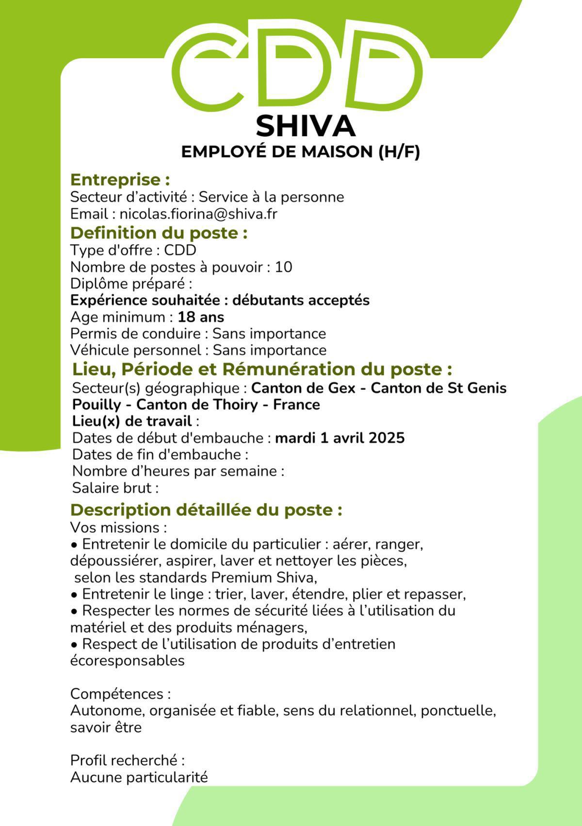 Employé de maison (H/F) SHIVA