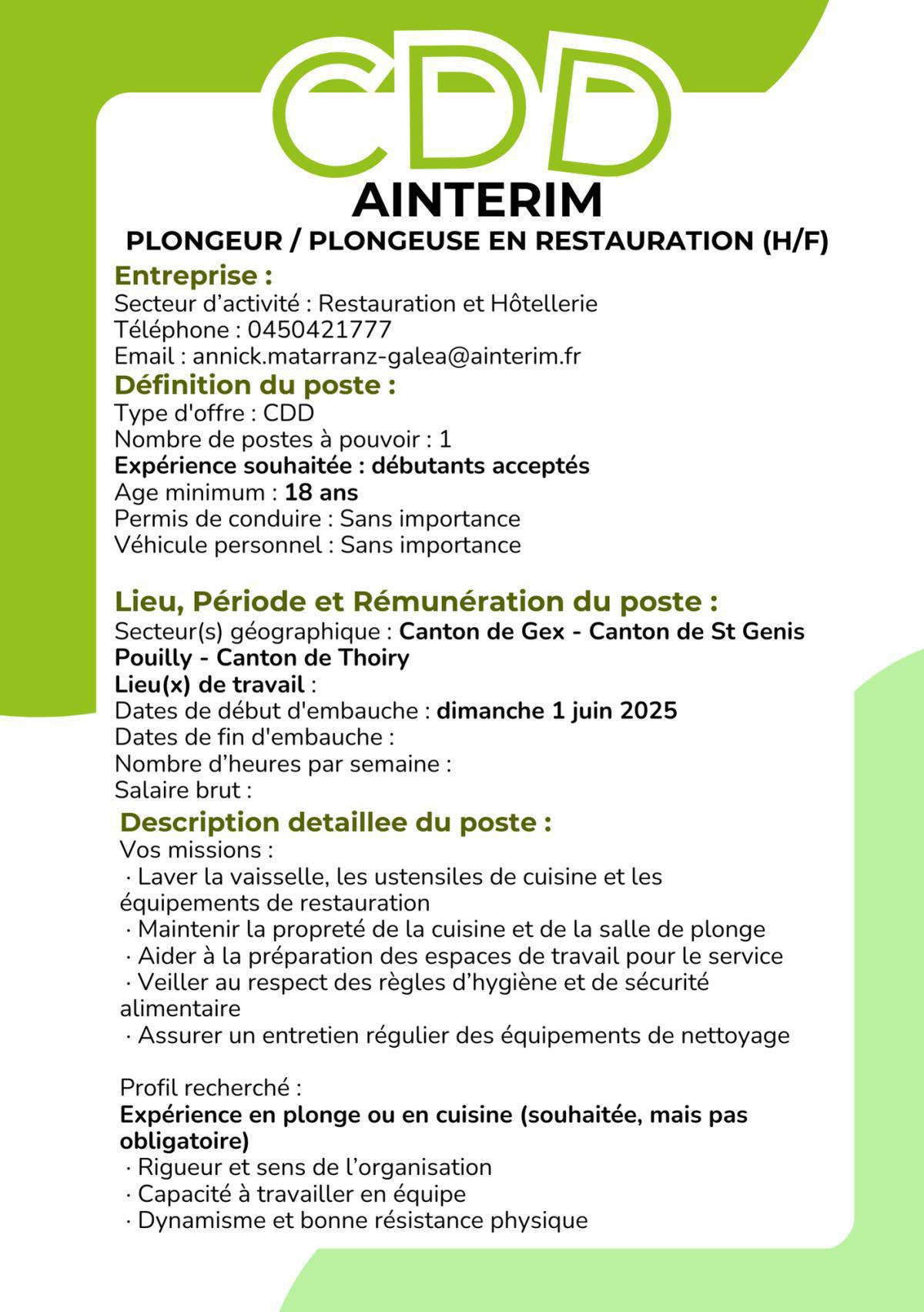 Plongeur / Plongeuse en Restauration (H/F) Ainterim 