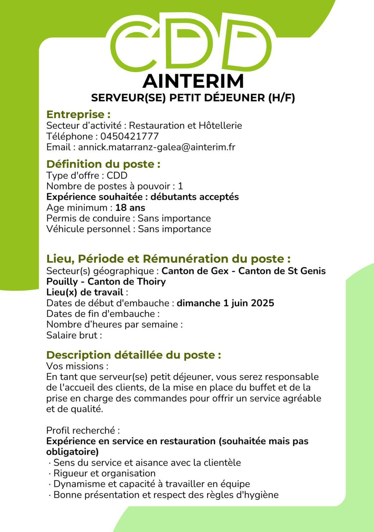 Serveur(se) Petit Déjeuner (H/F) Ainterim 
