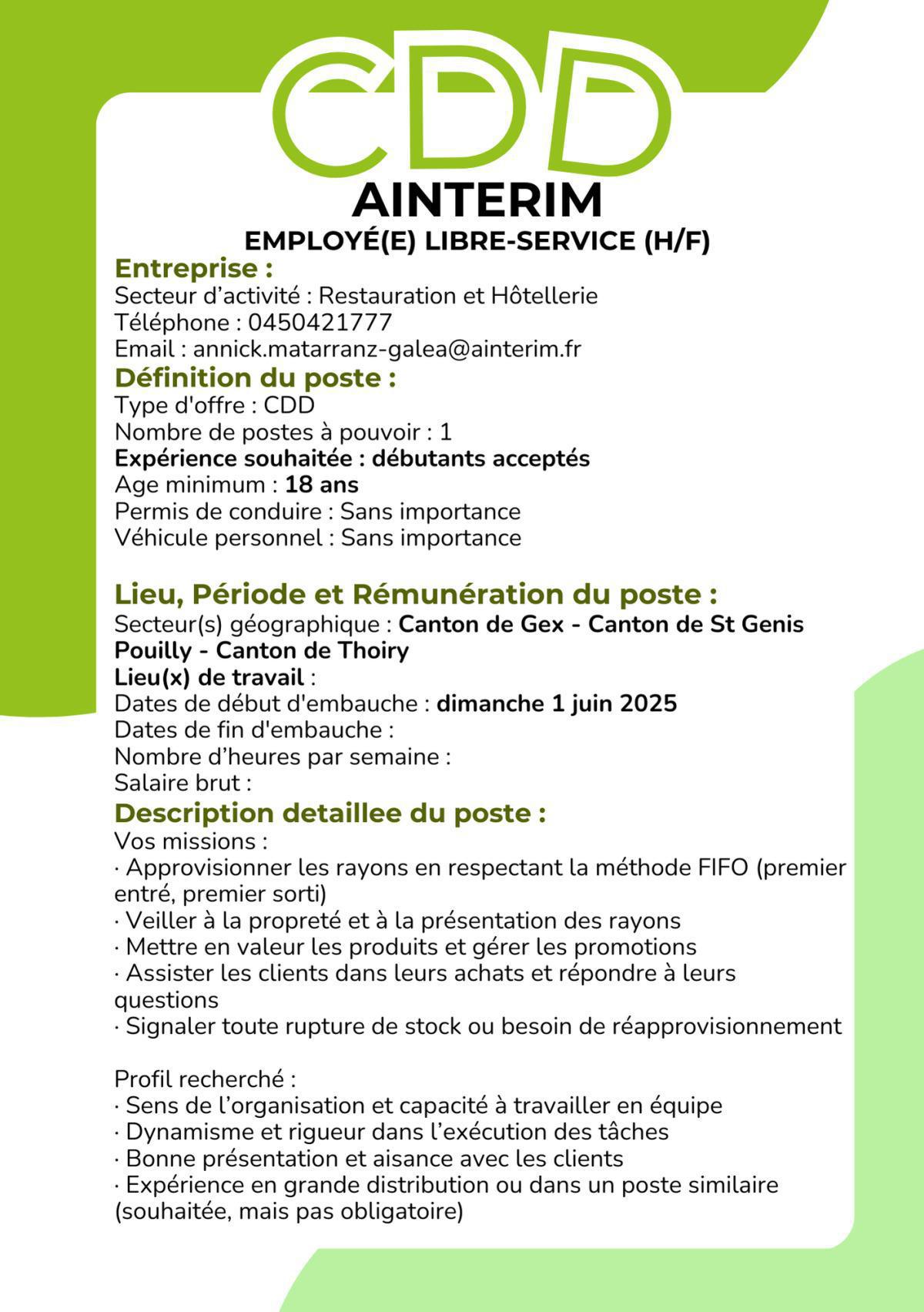 Employé(e) Libre-Service (H/F) Ainterim 