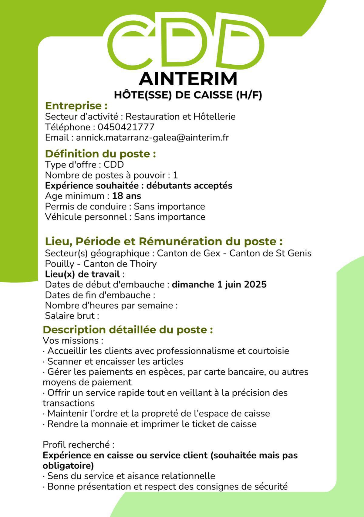 Hôte(sse) de Caisse (H/F) Ainterim 