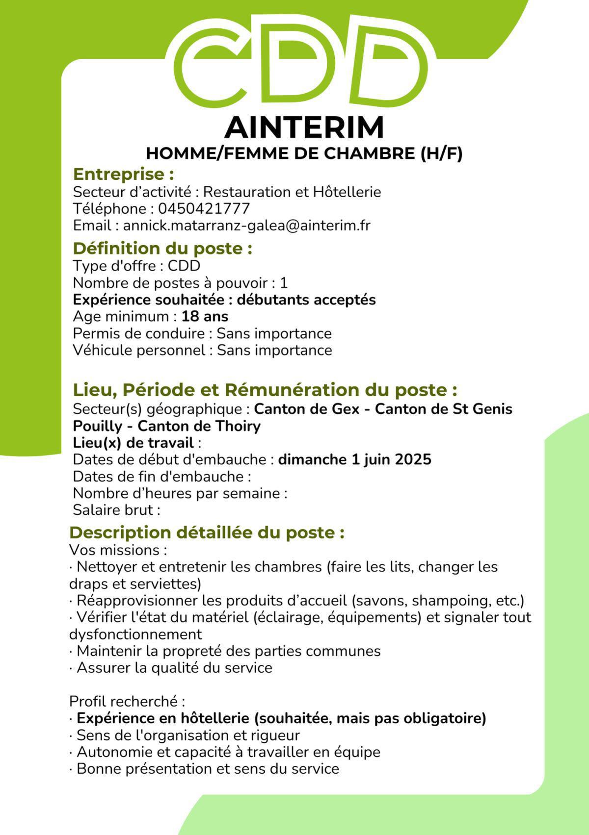homme/Femme de Chambre (H/F) Ainterim 