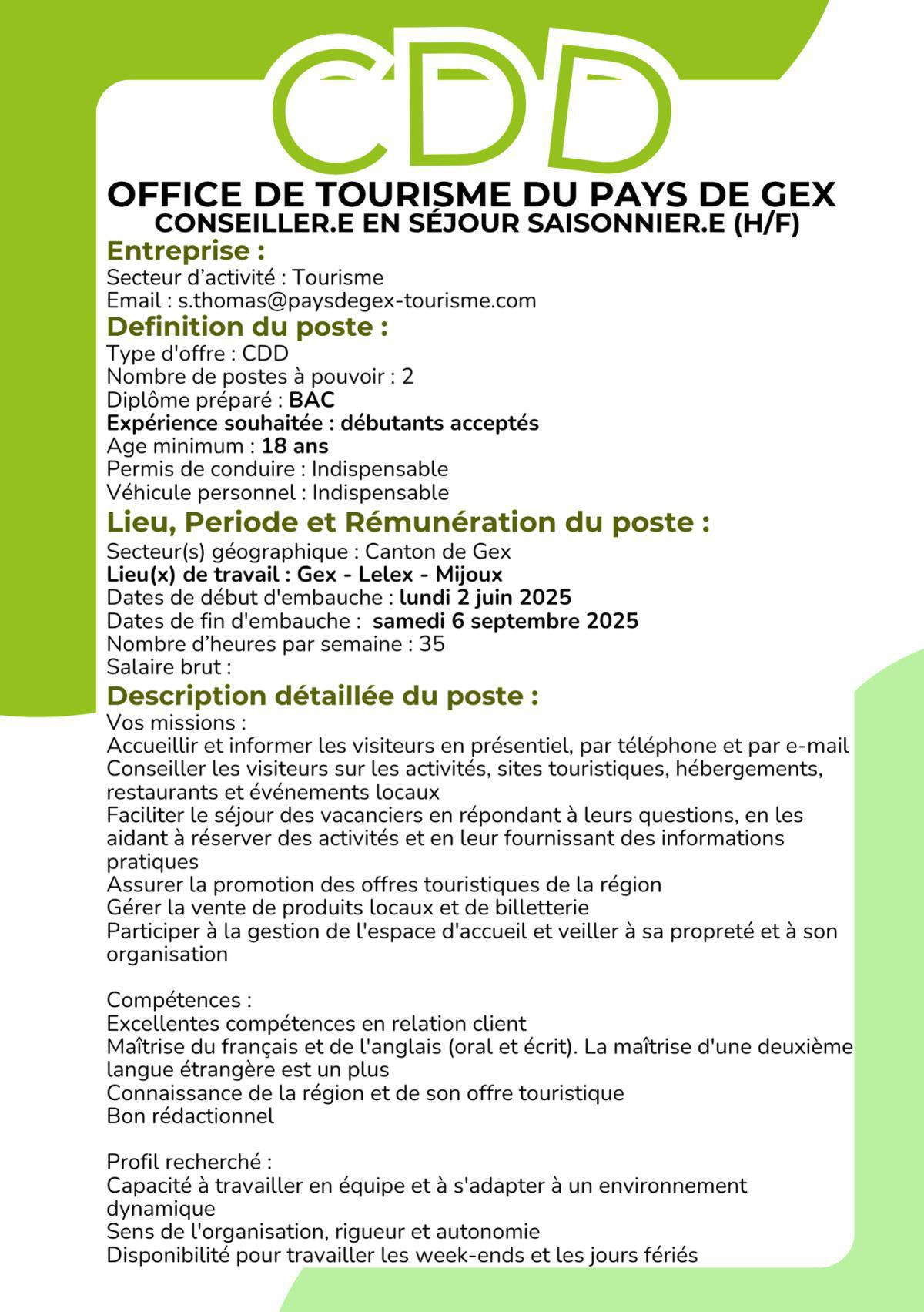 Conseiller.e en séjour saisonnier.e (H/F) Office de Tourisme du Pays de Gex