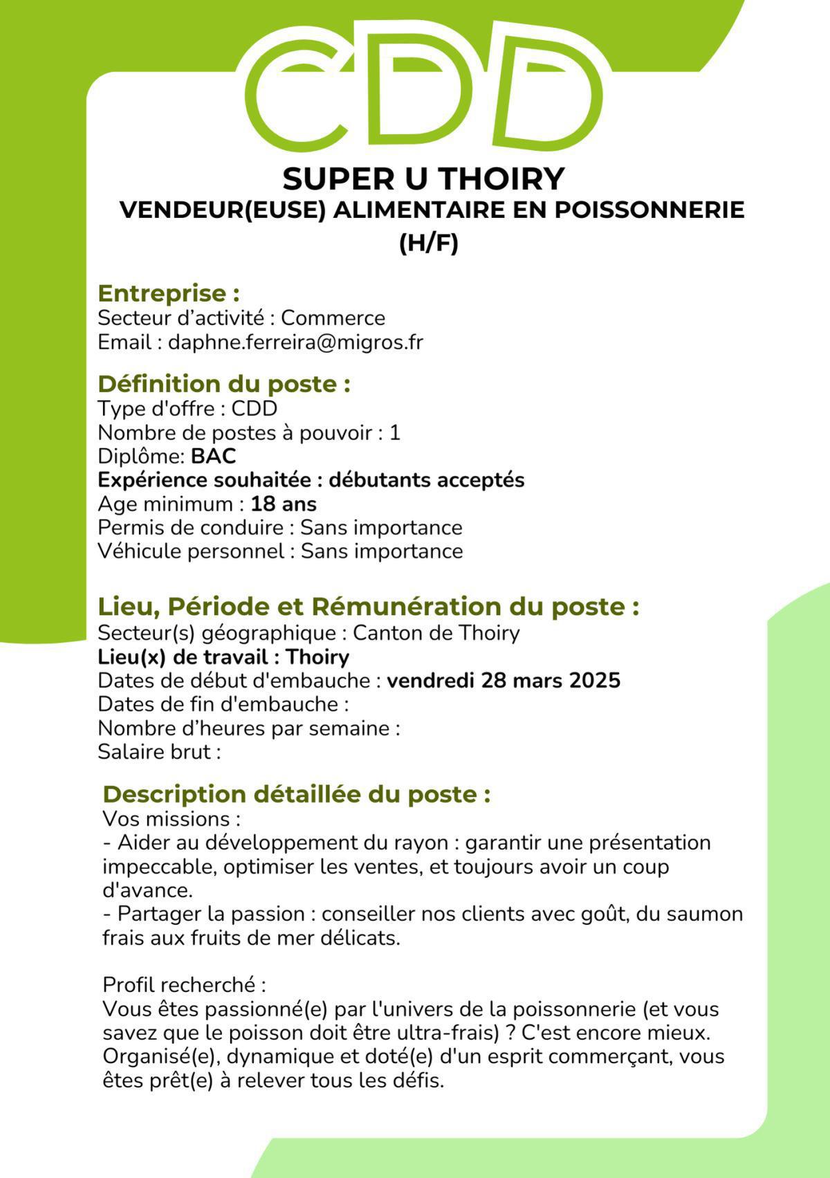 Vendeur(euse) alimentaire en poissonnerie (H/F) SUPER U THOIRY