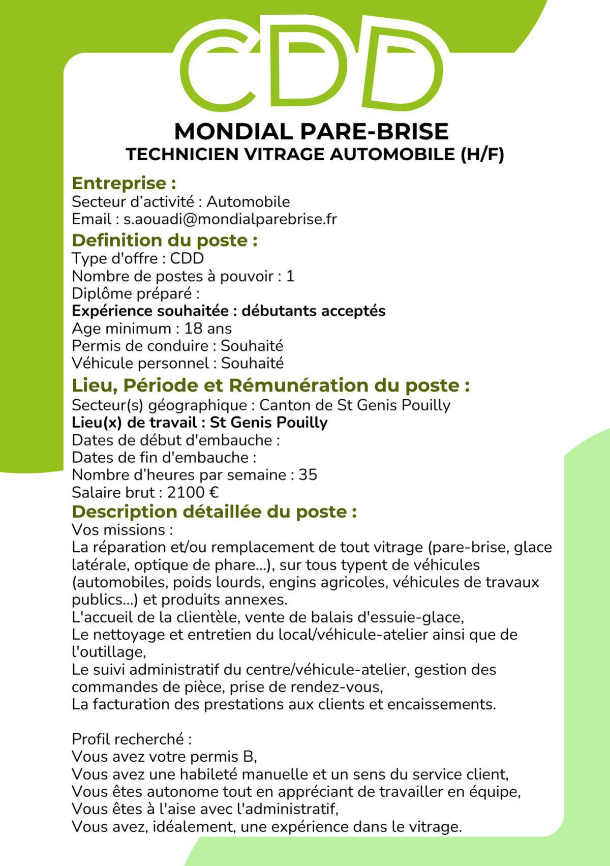 Technicien vitrage automobile (H/F) Mondial Pare-Brise