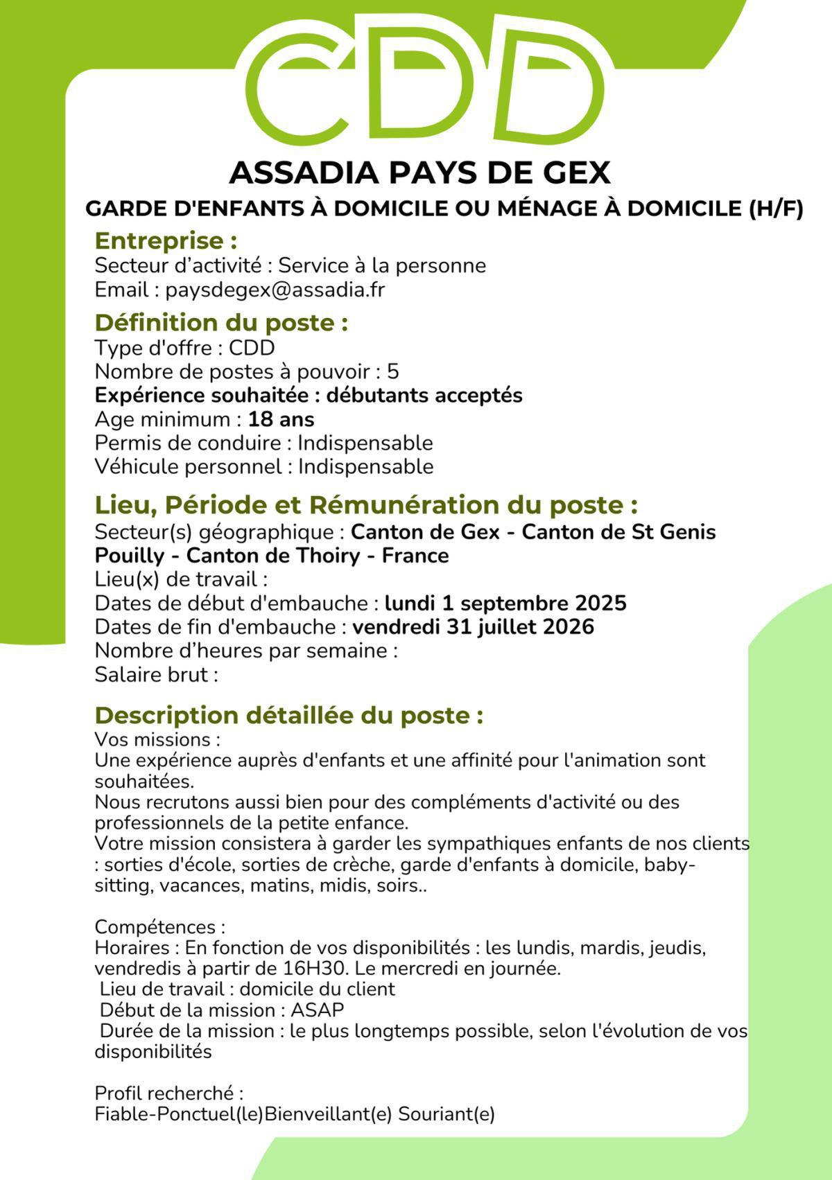 Garde d'enfants à domicile ou Ménage à domicile (H/F) Assadia Pays De Gex 