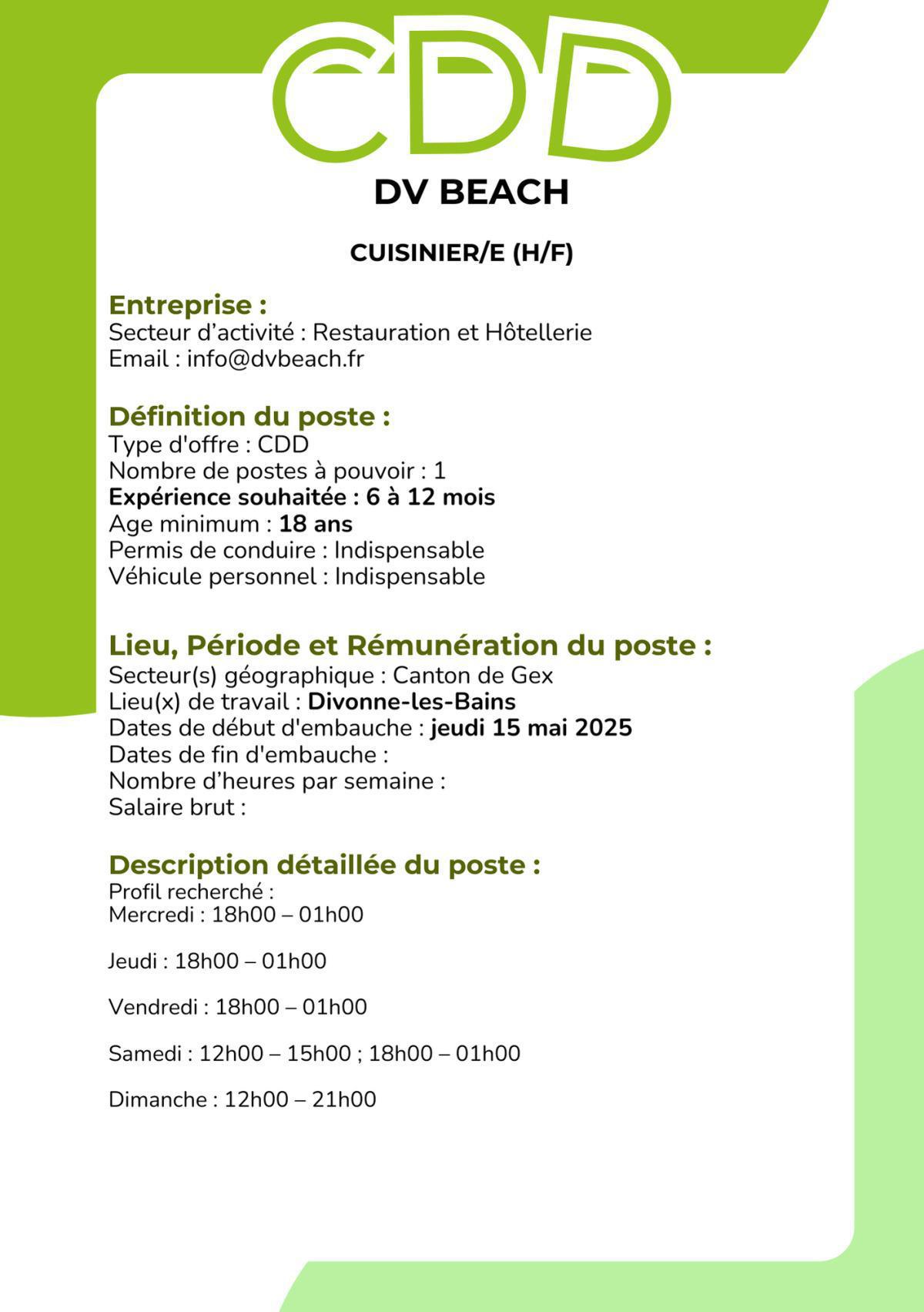 Cuisinier/e (H/F) DV Beach