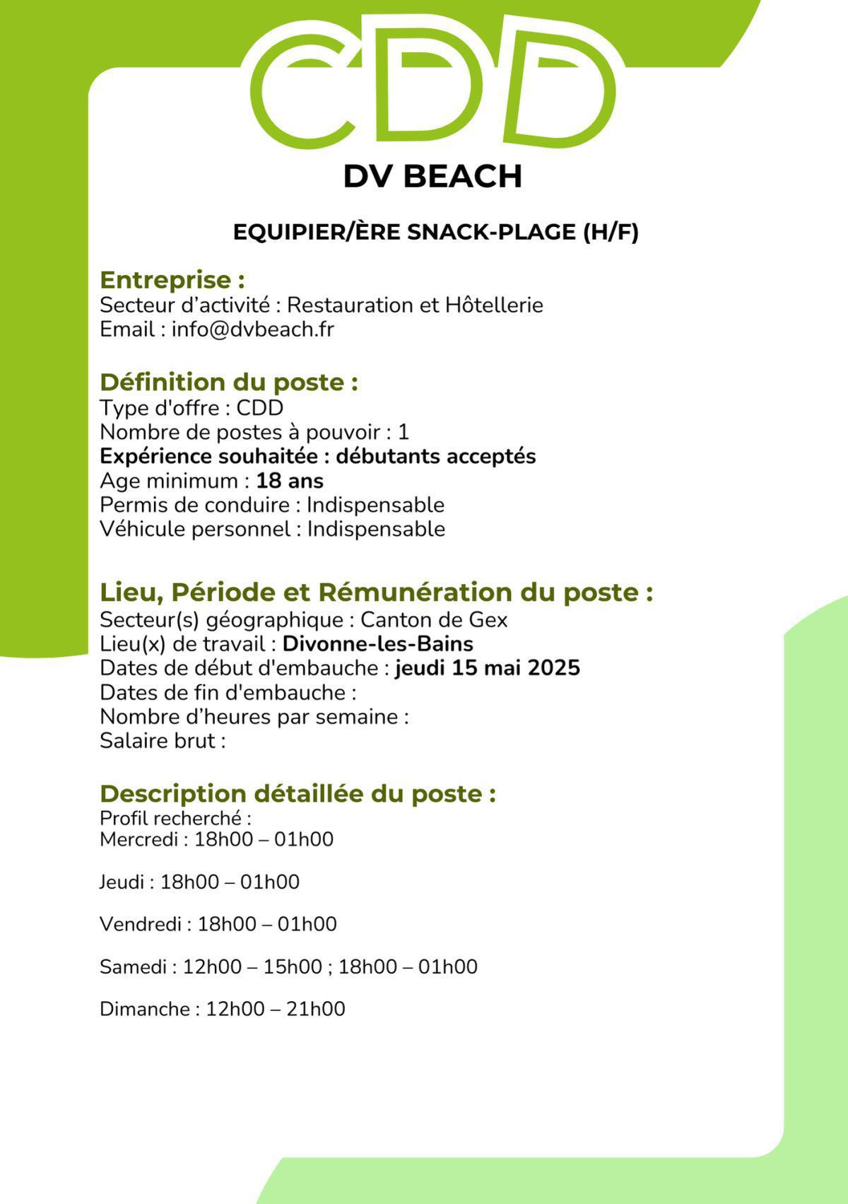 Equipier/ère snack-plage (H/F) DV Beach