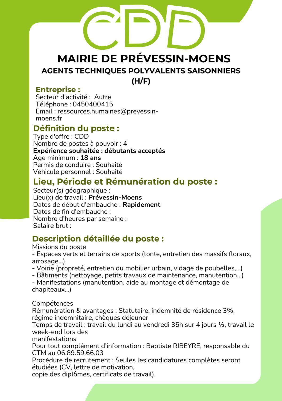 AGENTS TECHNIQUES POLYVALENTS SAISONNIERS (H/F) Mairie de Prévessin-Moens