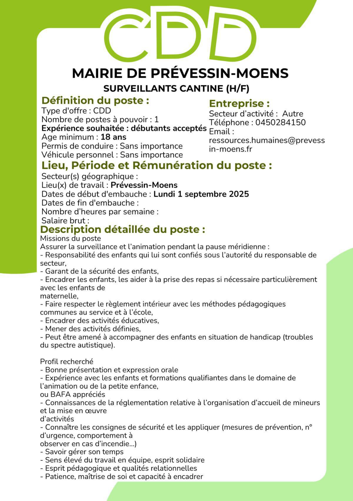 SURVEILLANTS CANTINE (H/F) Mairie de Prévessin-Moens