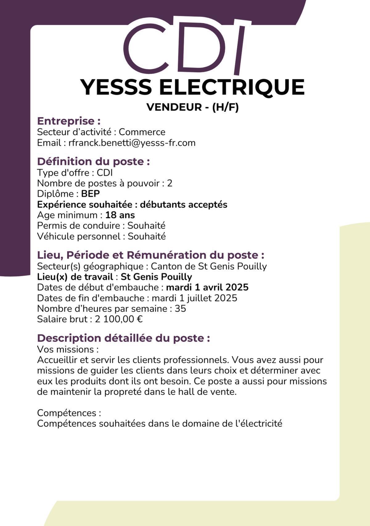 Vendeur - (H/F) Yesss electrique