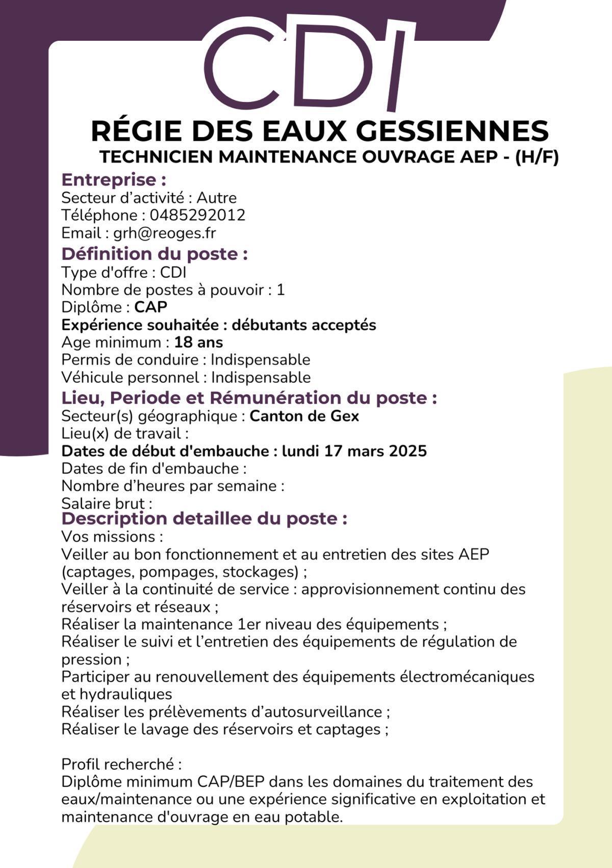 Technicien maintenance ouvrage AEP - (H/F) Régie des Eaux Gessiennes 