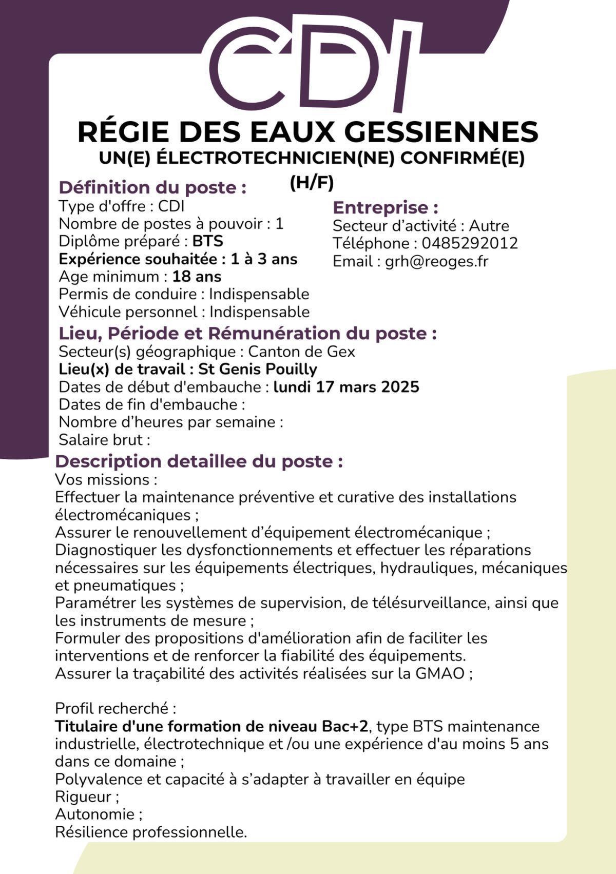 Un(e) Électrotechnicien(ne) confirmé(e) (H/F) Régie des Eaux Gessiennes 
