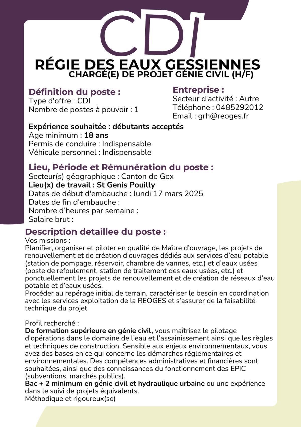Chargé(e) de projet Génie Civil (H/F) Régie des Eaux Gessiennes 