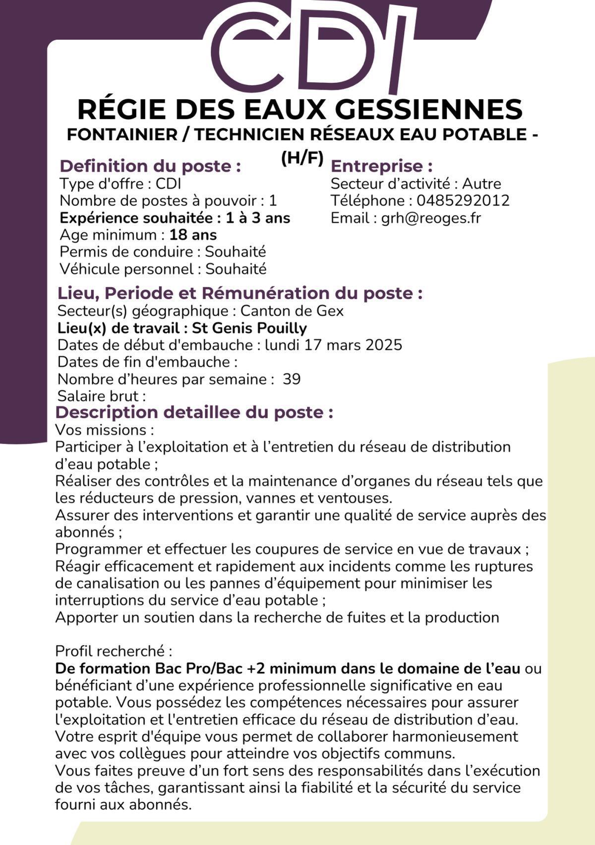 Fontainier / Technicien réseaux eau potable - (H/F) Régie des Eaux Gessiennes 
