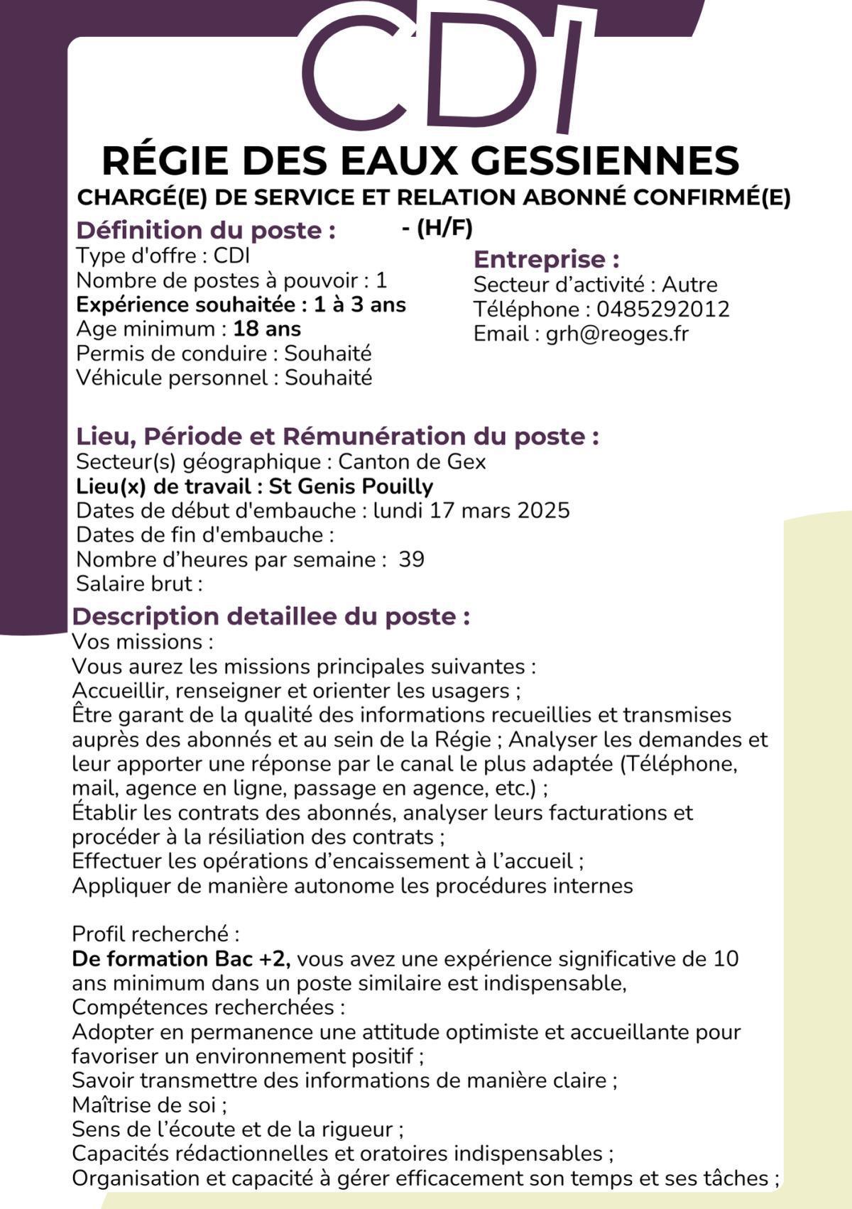 Chargé(e) de service et relation abonné confirmé(e) - (H/F) Régie des Eaux Gessiennes 