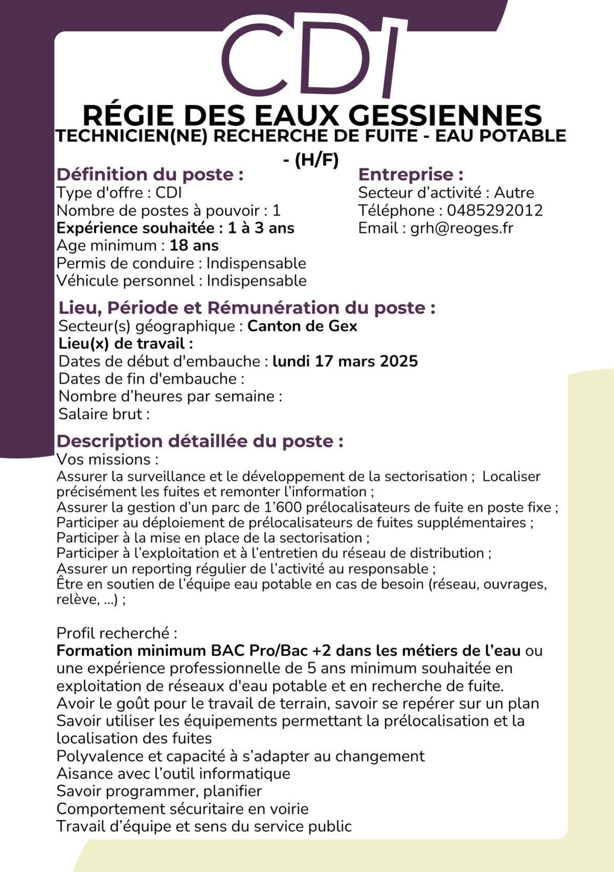 Technicien(ne) recherche de fuite - Eau potable - (H/F) Régie des Eaux Gessiennes 