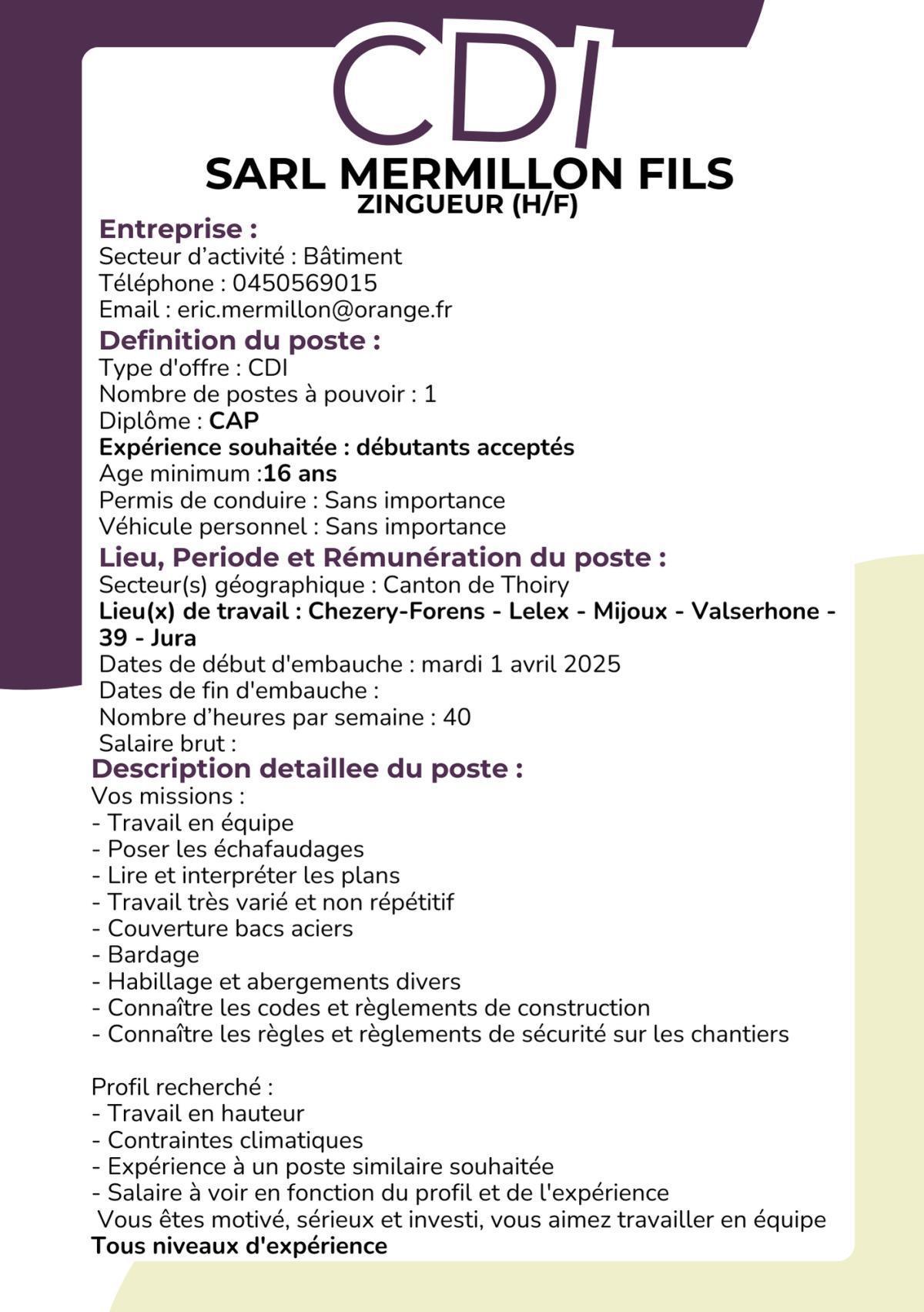 Zingueur (H/F) SARL MERMILLON FILS 
