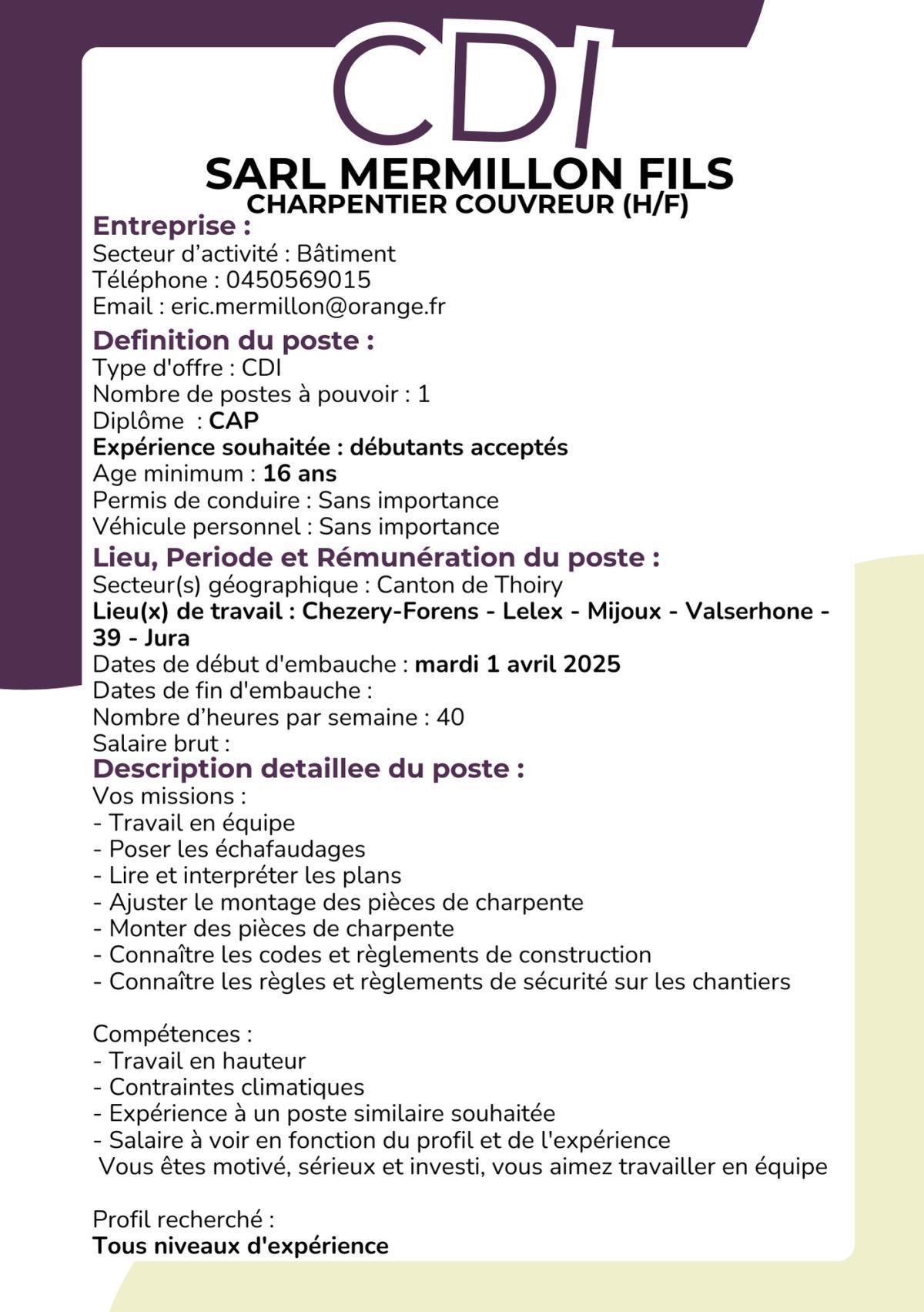Charpentier Couvreur (H/F) SARL MERMILLON FILS 