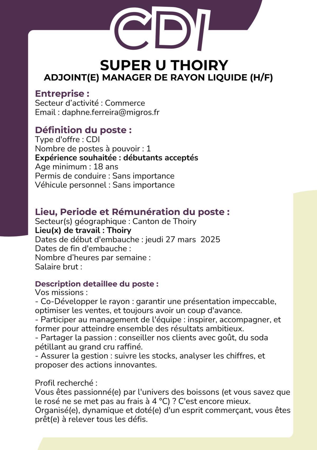Adjoint(e) manager de rayon Liquide (H/F) SUPER U THOIRY