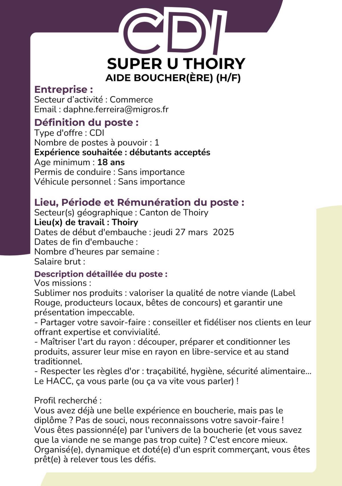 Aide Boucher(ère) (H/F) SUPER U THOIRY