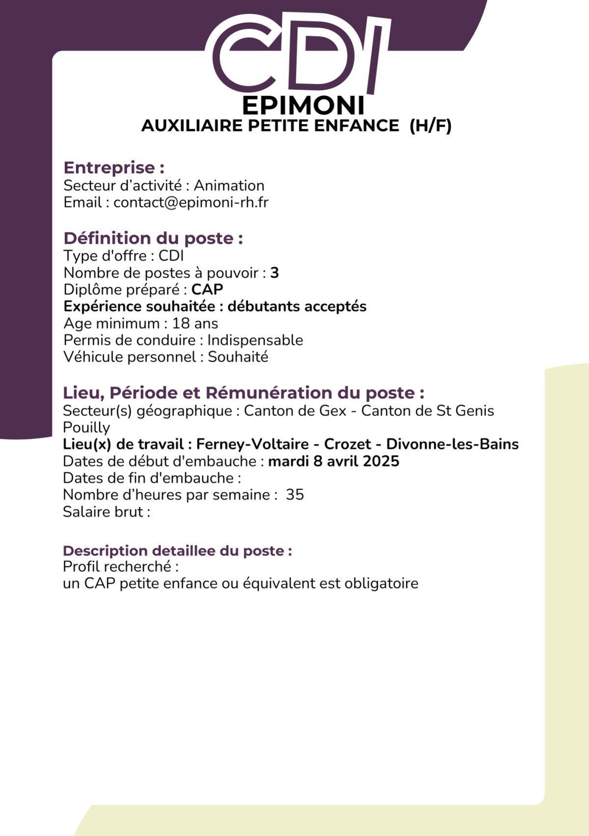 Auxiliaire petite enfance (H/F) EPIMONI
