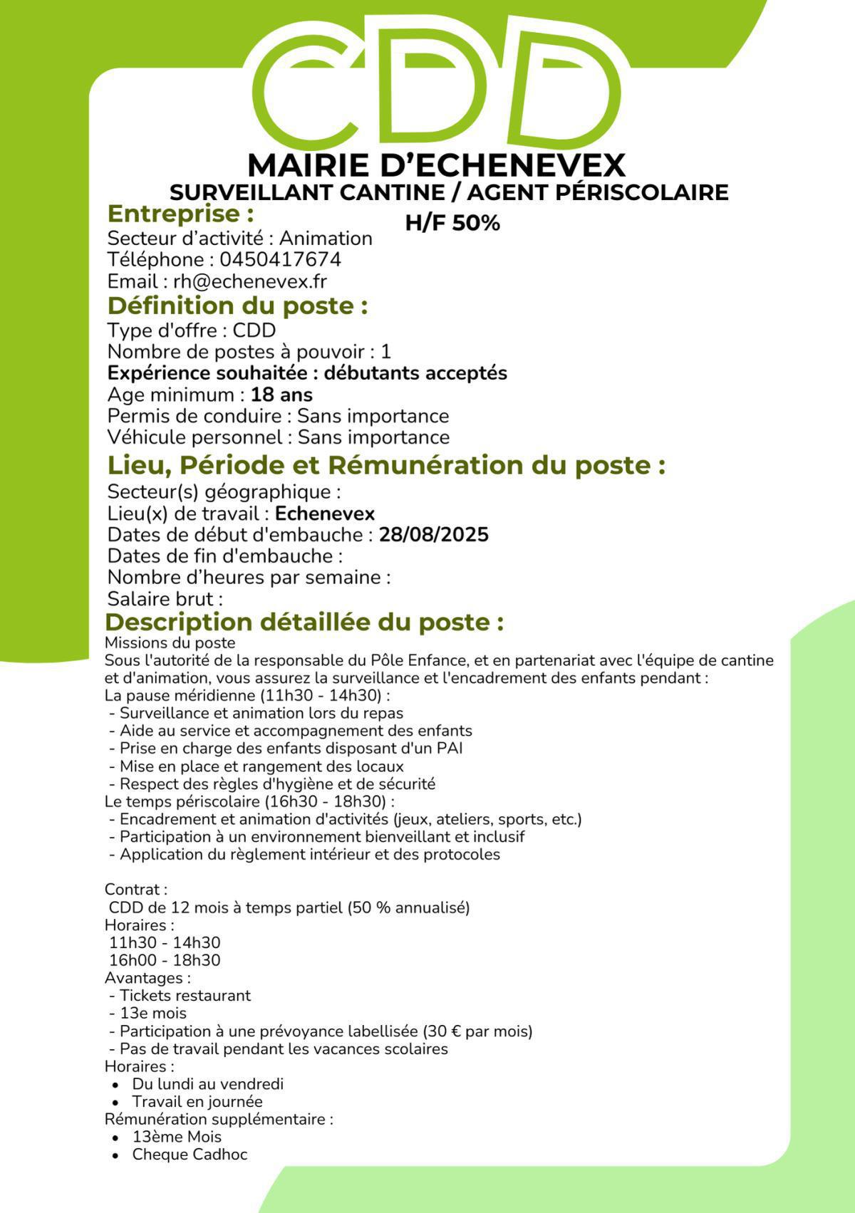 Surveillant cantine / Agent périscolaire H/F 50% MAIRIE ECHENEVEX