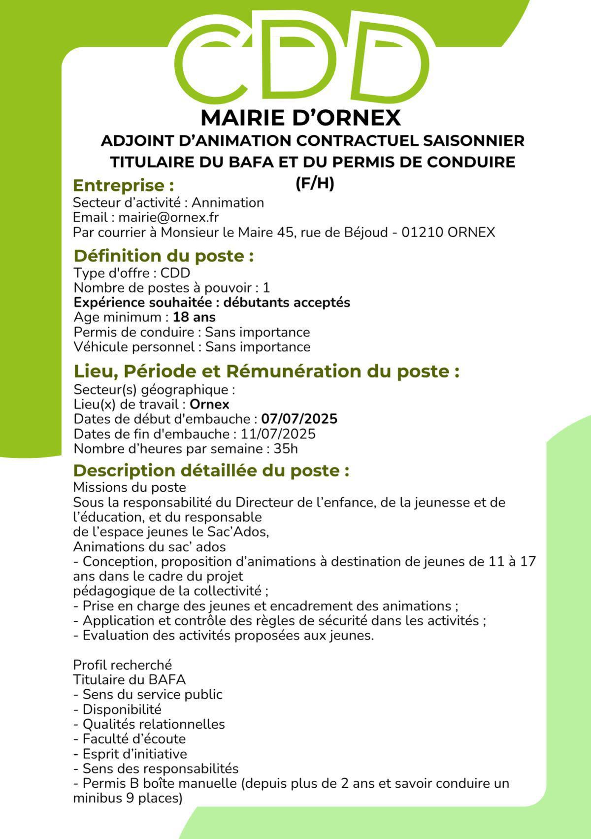 Adjoint d’animation contractuel saisonnier (F/H) Mairie d'Ornex
