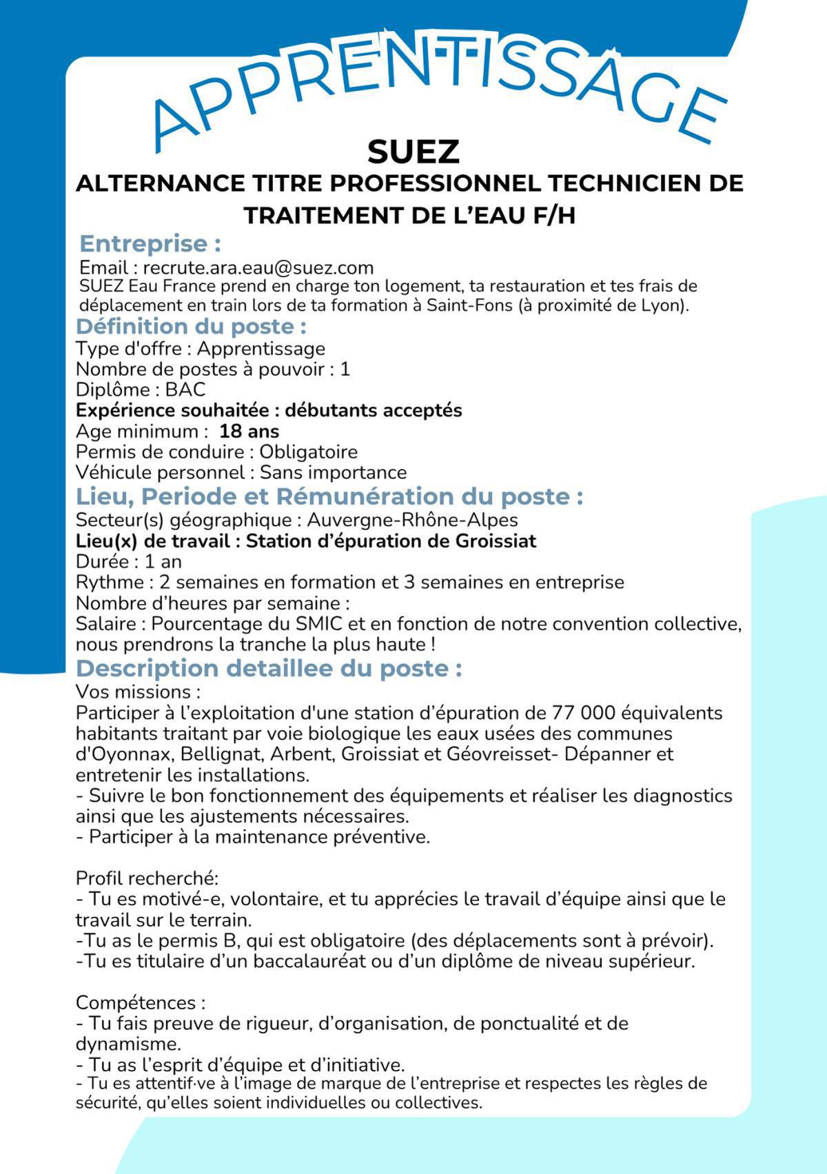 Alternance Titre professionnel Technicien de traitement de l’eau F/H Groissiat (01)